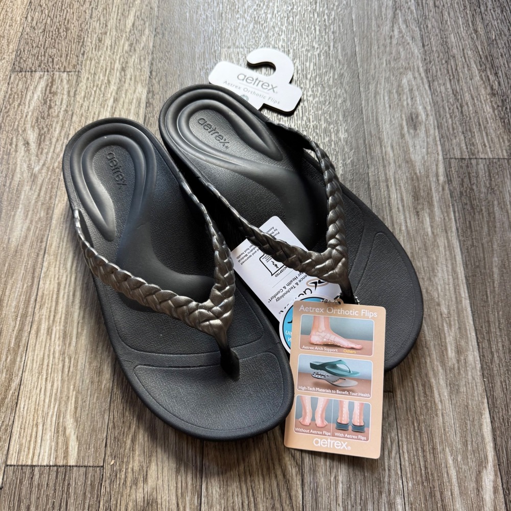 Aetrex Vicki Orthotic Flip Flops Women Size 10 Pewter Gloss Braided Arch Support